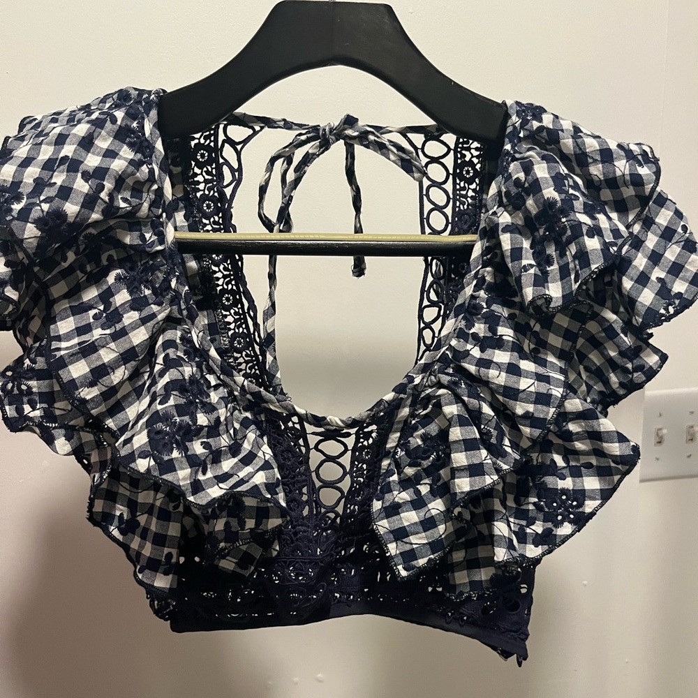 Olivaceous gingham blue and white ruffled crop halter top